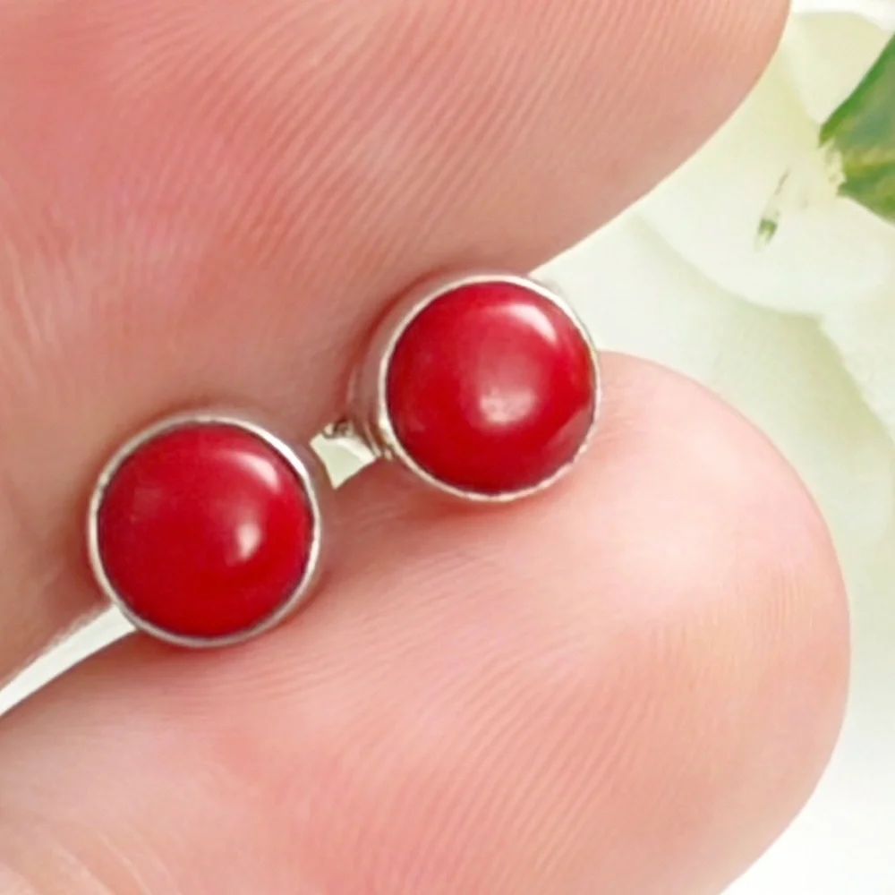Red Coral Earrings Pure Sterling Silver 925 Gemstone Stud Post Push Back Round - Picture 6 of 8